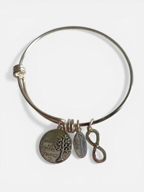Sterling Silver Family Charm Bangle Bracelet Expandable Mom Gift Tree Infinity